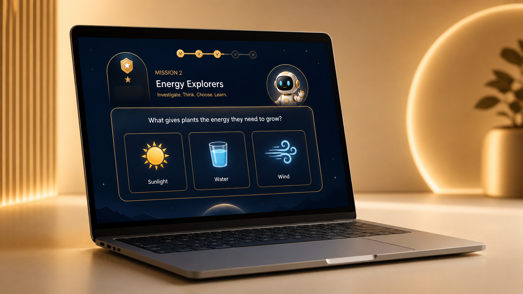 Premium CAPS product image showing a mission-based learning experience on a laptop.