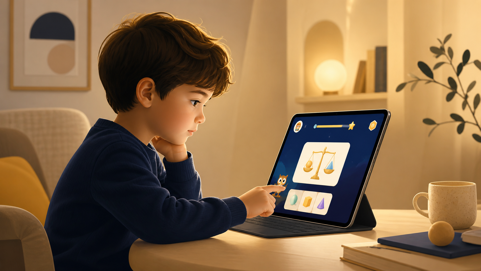 A thoughtful child focusing on a calm, game-based learning experience.
