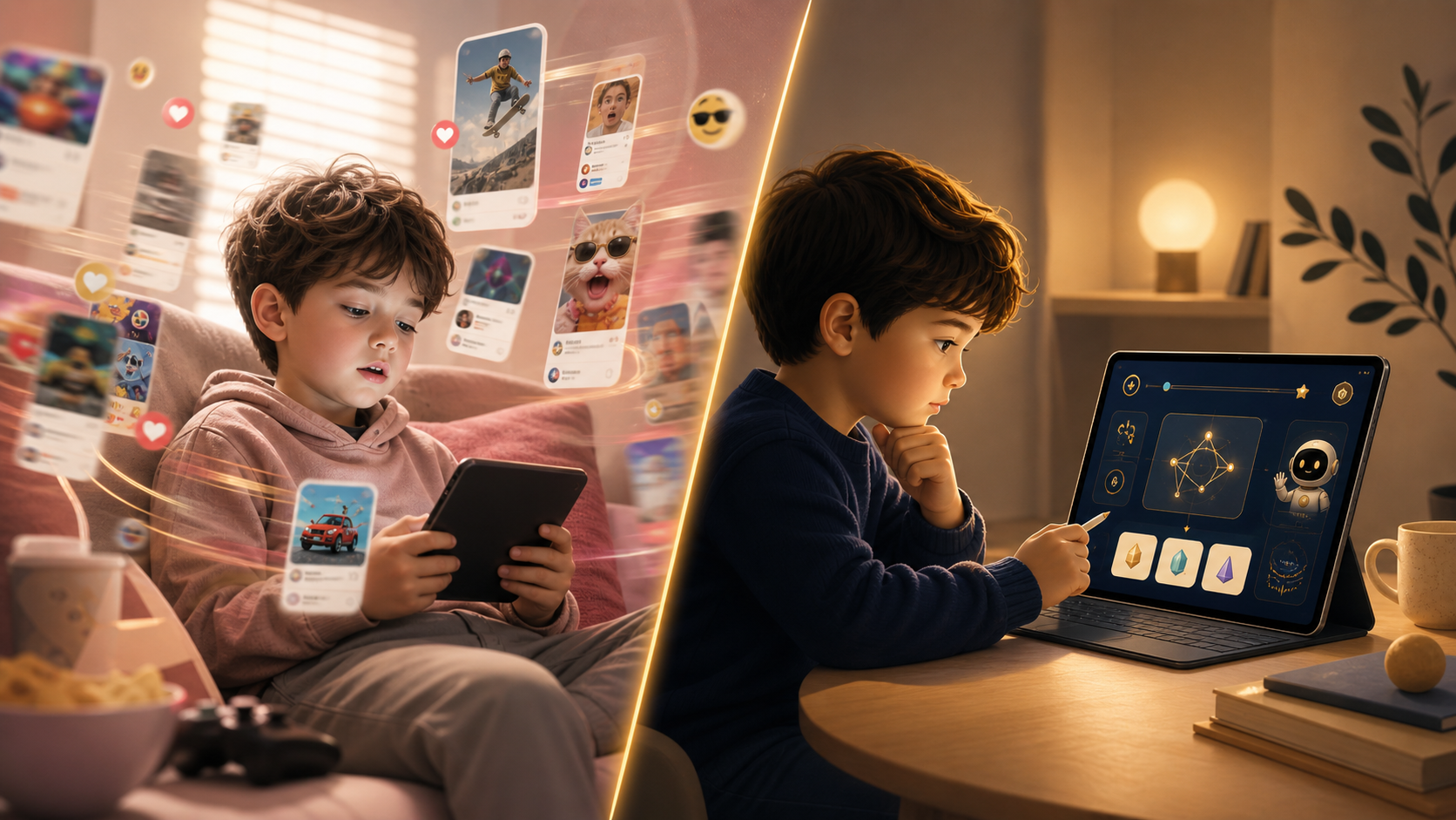 A visual comparison between passive scrolling and active, thoughtful game-based learning.