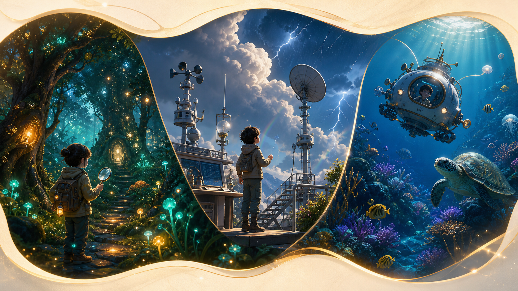 A magical collage of CAPS mission worlds including forest, weather station, and ocean exploration.