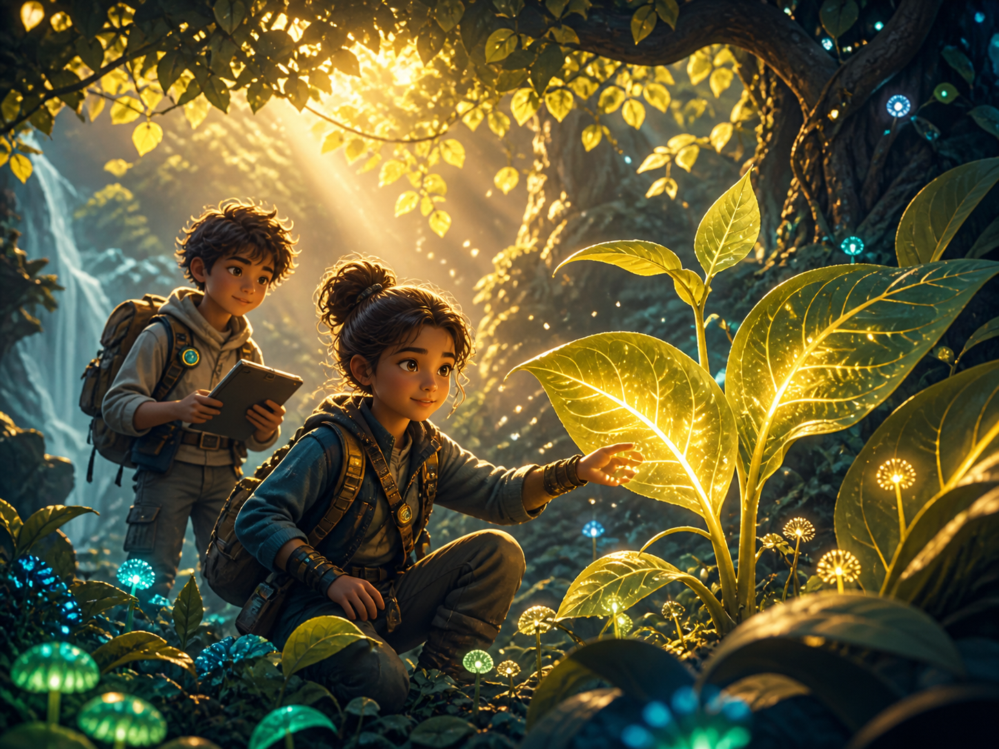 Children exploring a glowing forest in the Photosynthesis Rescue mission.