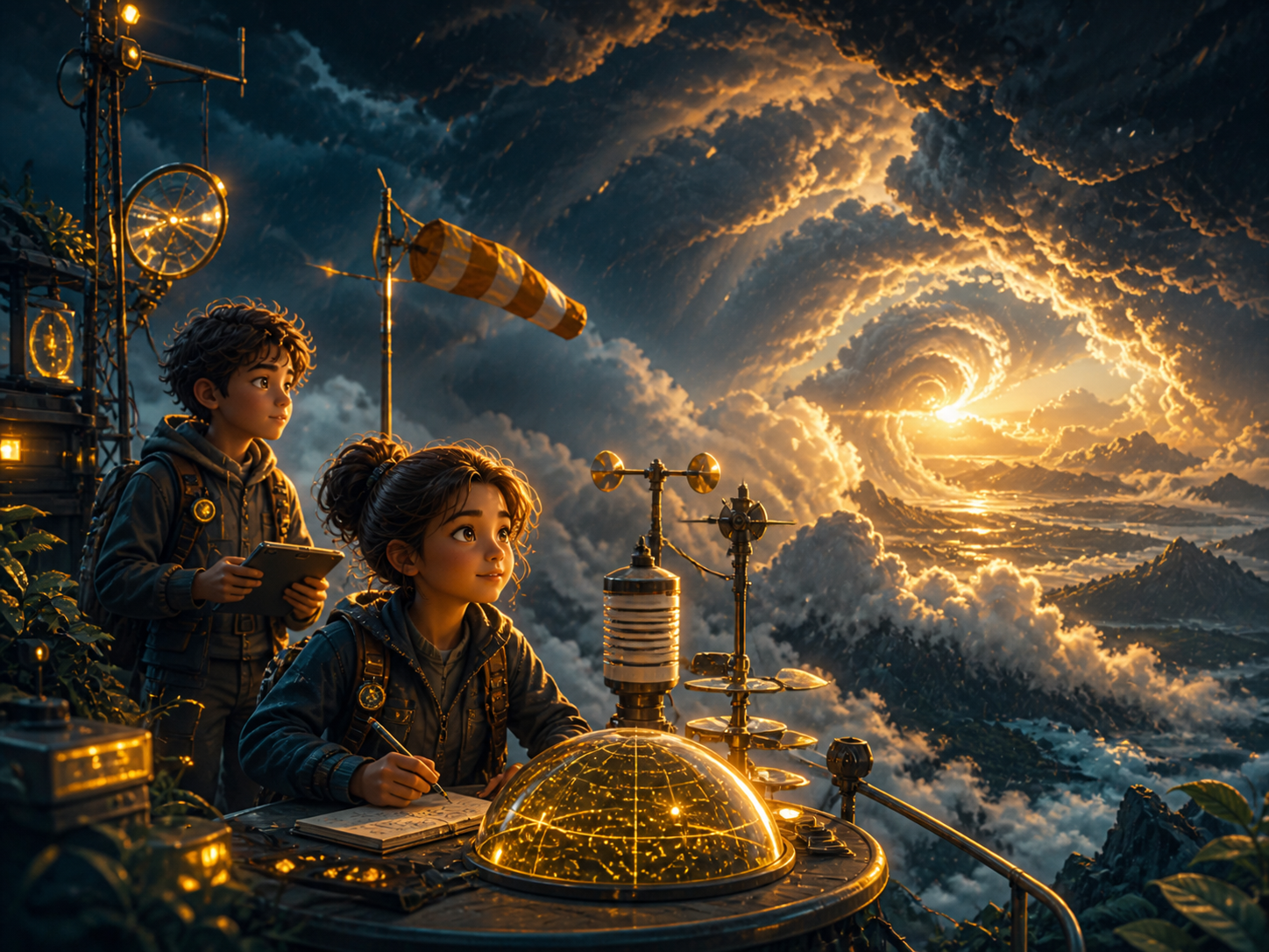 Children observing a dramatic weather station scene in the Weather Station Alert mission.