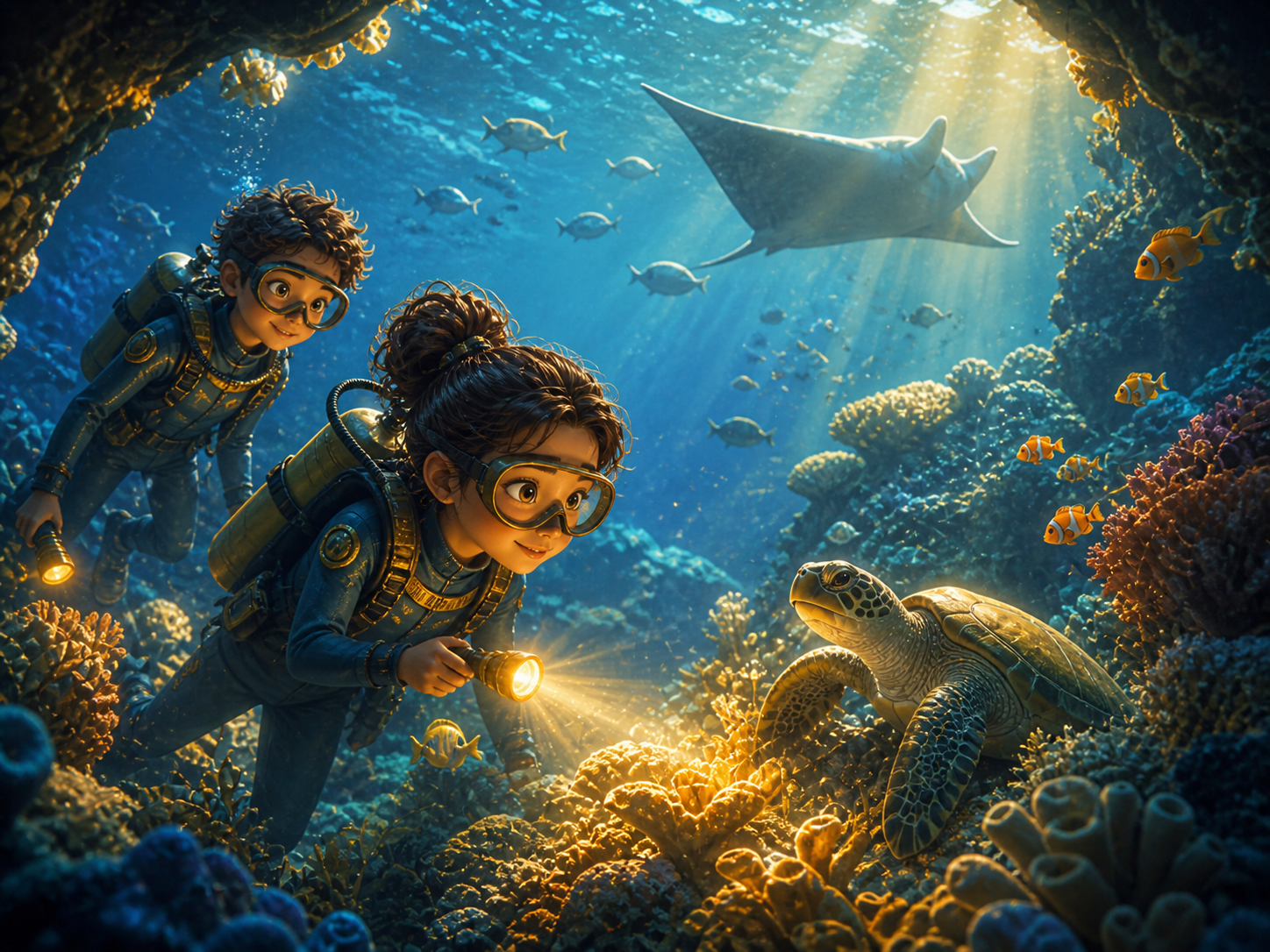 Children exploring an underwater reef in the Ocean Habitat Mission.